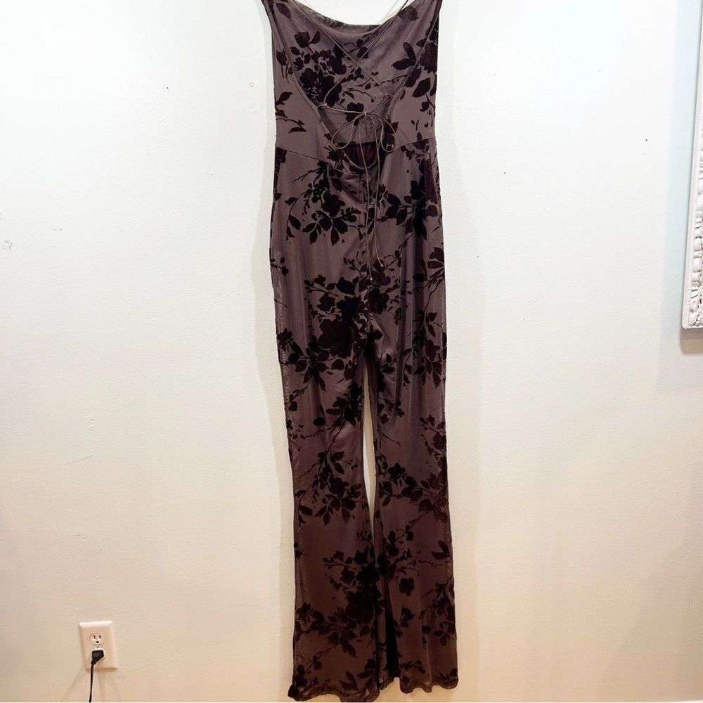 ASOS Velvet Chocolate Brown Floral Lace-Up Mesh Jumpsuit Bohemian Size 10